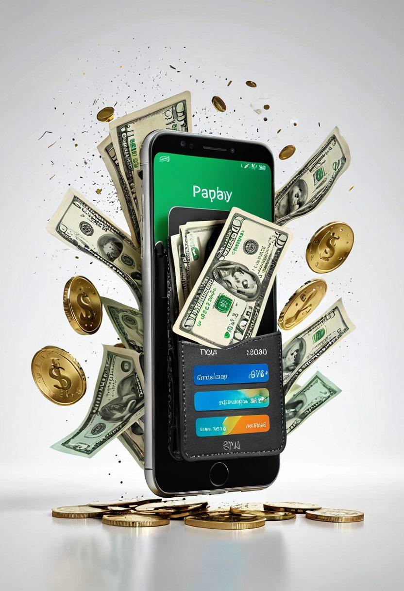 A modern, sleek digital wallet open, displaying cash and coins spilling out, against a backdrop of a clock symbolizing urgency. Include elements like a hand holding a smartphone with a payday app visible, showcasing quick cash solutions. Incorporate vibrant green colors to represent money and security. super-realistic. vibrant colors. white background.