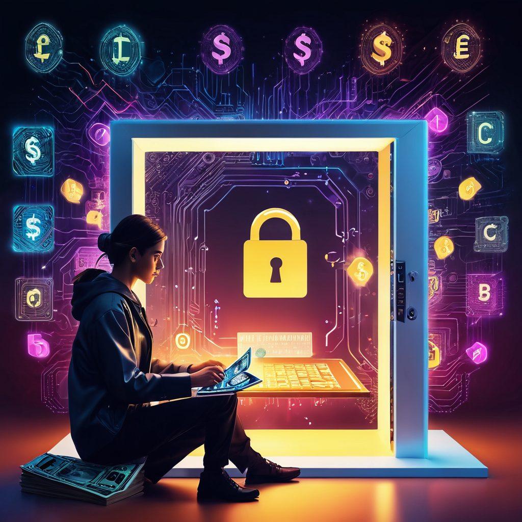 A glowing lock being opened, surrounded by floating digital currency symbols and dollar bills. The background features a futuristic computer interface with key stats on online loans. A person in a thoughtful pose, contemplating their financial choices. Include a warm color palette for a welcoming feel. sleek digital art. vibrant colors. 3D.