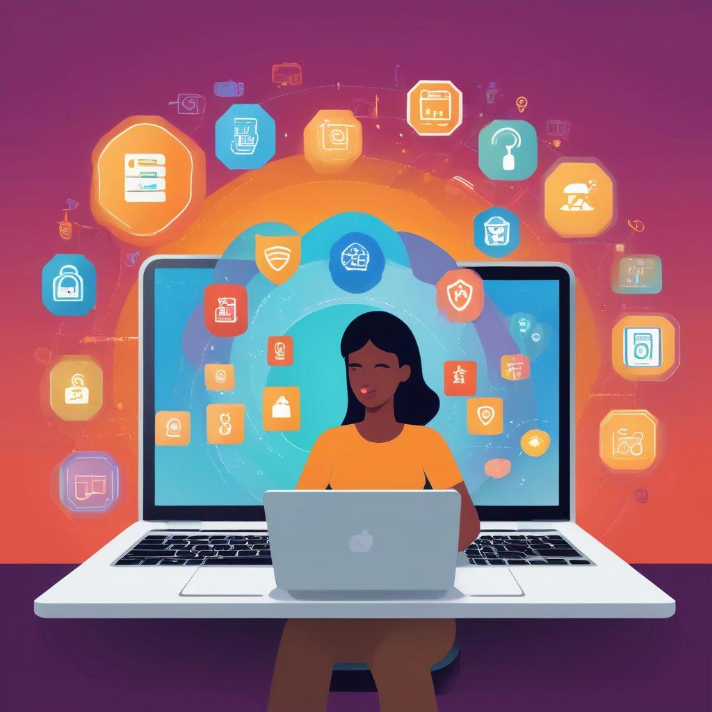 A serene digital landscape depicting a person comfortably using a laptop to access online borrowing services, surrounded by icons representing safe lending practices like locks, shields, and thumbs up. The scene conveys trust and convenience, with warm colors emanating from the screen. Soft, inviting lighting enhances the feeling of safety. vector art. vibrant colors.